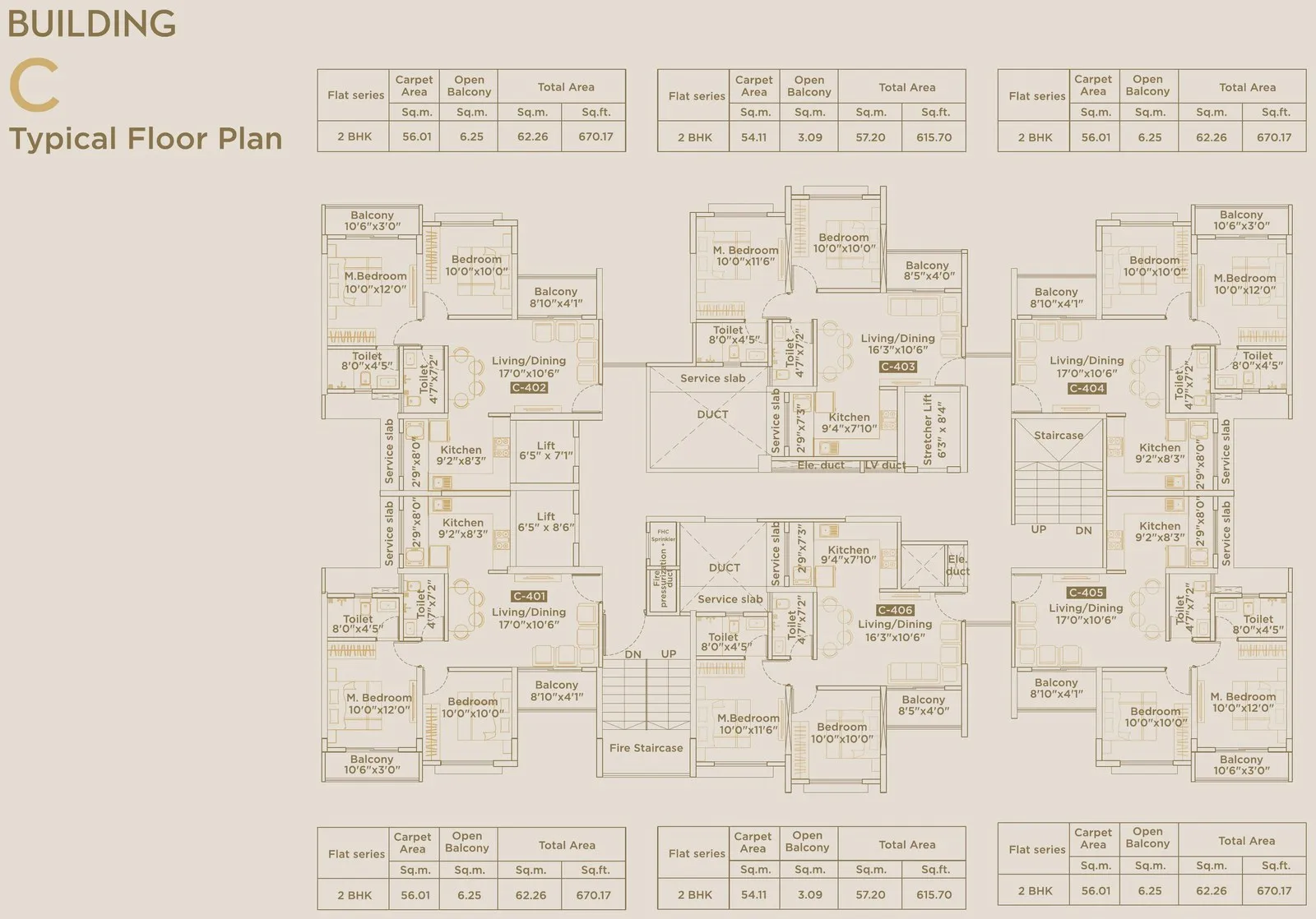 Building C — Typical Floor Plan (2 BHK cluster)